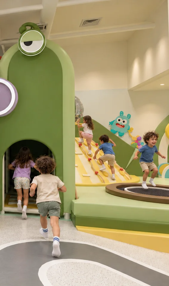 Niños tirándose por los toboganes a la piscina de bolas, entrando en el circuito de aventura y trepando junto a las camas elásticas