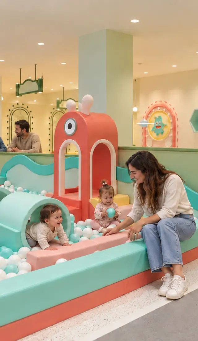 Bebés jugando en la piscina de bolas de la zona de bebés, con sus padres al lado