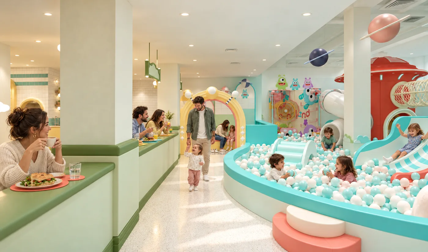 Piscina de bolas con toboganes junto a la barra del café, donde los padres comen y toman algo mientras miran a los niños