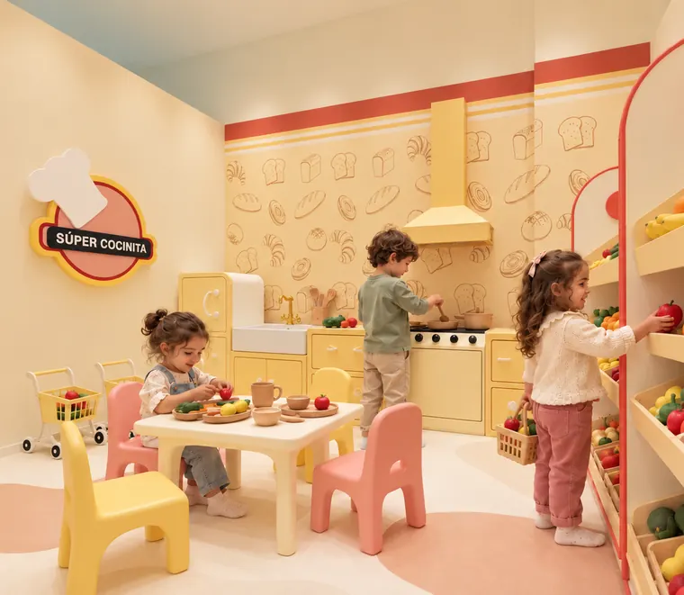 Niños cocinando y comprando fruta en la Súper cocinita de juego simbólico