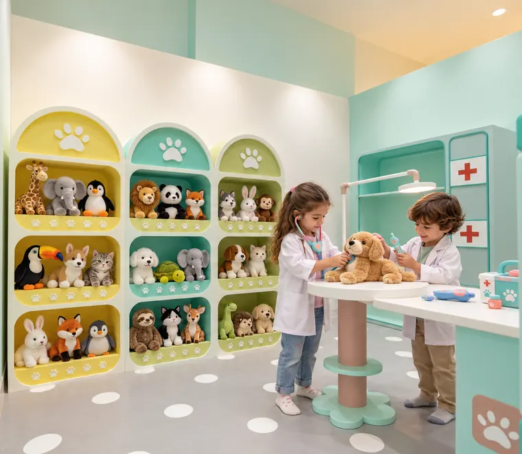Niños cuidando peluches en el veterinario de juego simbólico