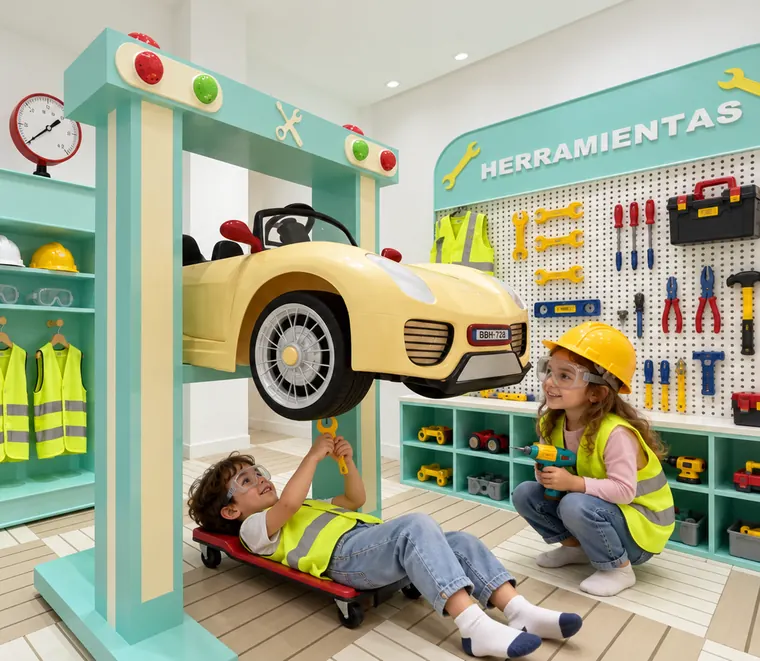 Niños con casco y chaleco reparando un coche en el taller de juguete